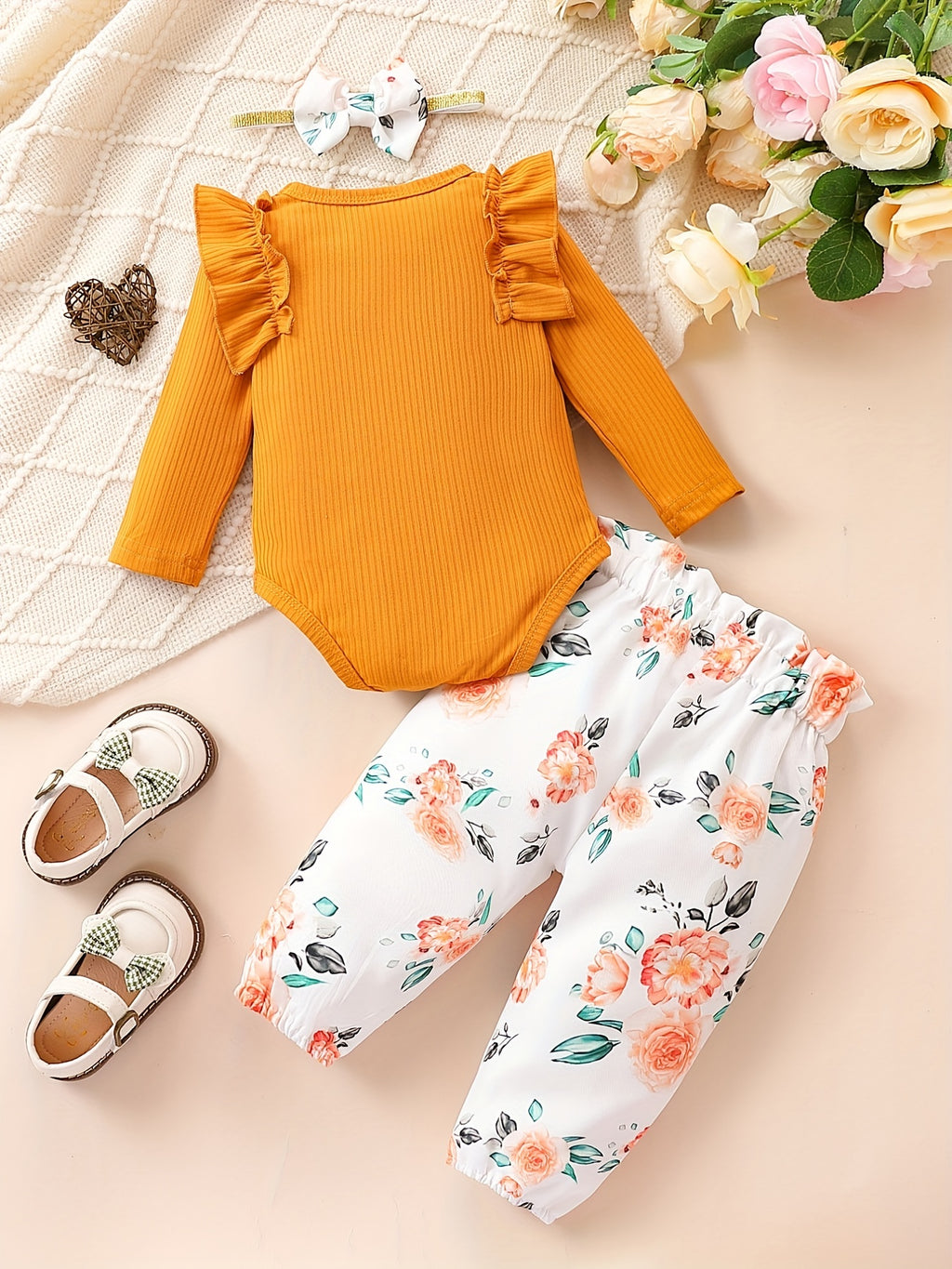 Cute Baby 3pcs Outfits - Floral/leopard Pants & Ruffle Long Sleeve Infant Romper & Headband Set Outdoor Set