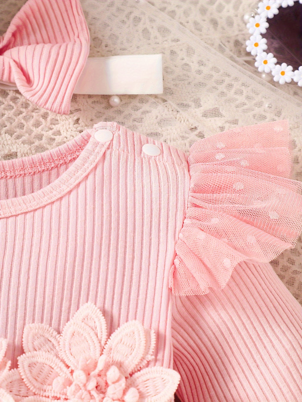 Infant Girls' Spring/Autumn Cotton Ribbed Tulle Dress with 3D Floral Appliques, Sweet Style, Solid Color, Slim Fit, Knit Fabric, with Matching Headband - Baby Outfit, For Outdoor