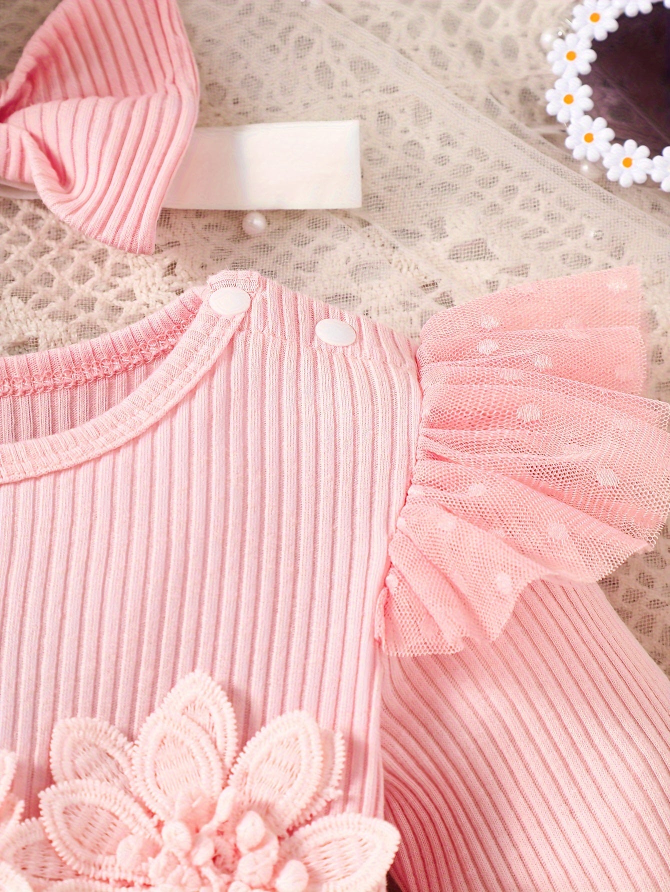 Infant Girls' Spring/Autumn Cotton Ribbed Tulle Dress with 3D Floral Appliques, Sweet Style, Solid Color, Slim Fit, Knit Fabric, with Matching Headband - Baby Outfit, For Outdoor