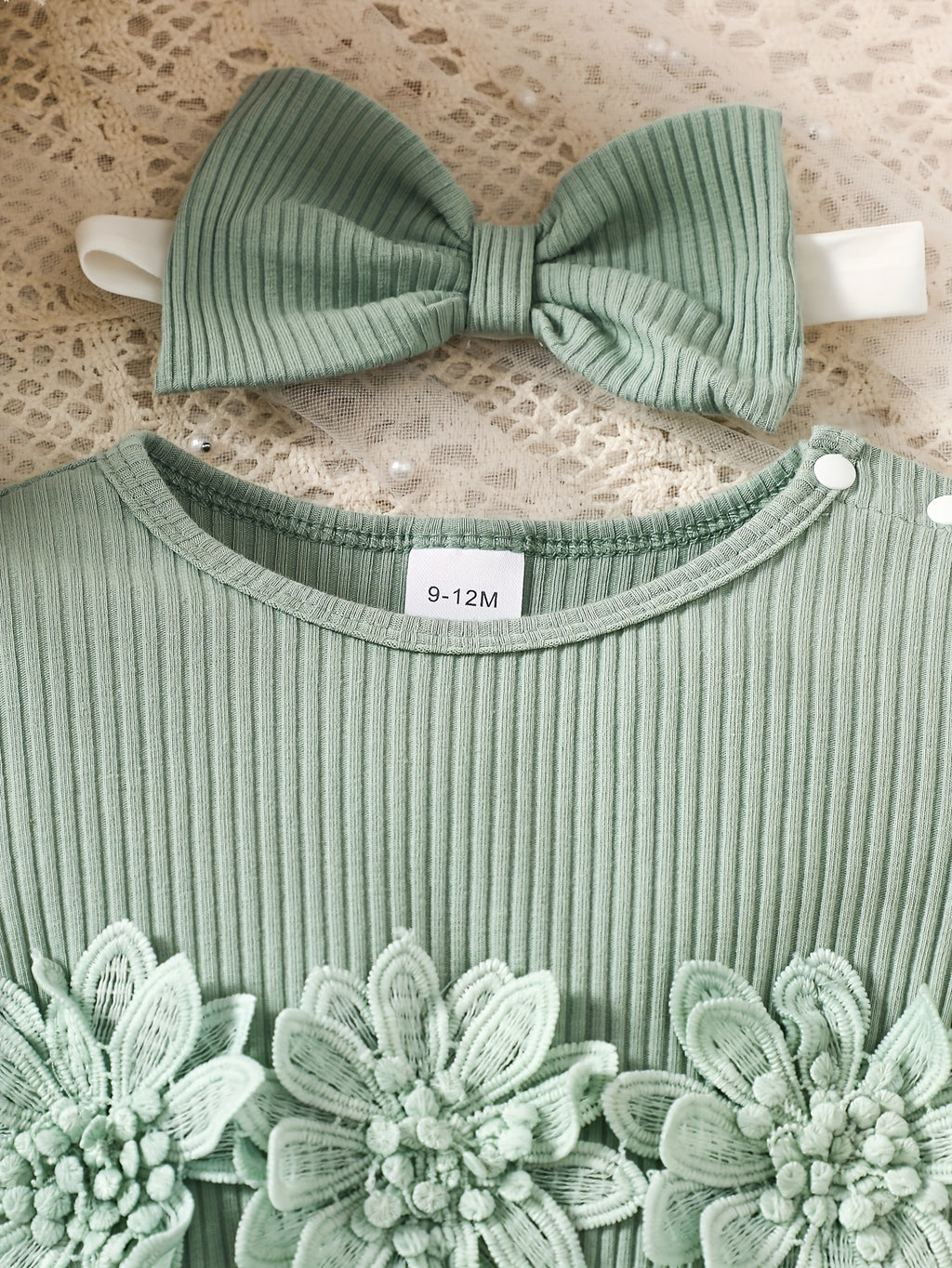 Infant Girls' Spring/Autumn Cotton Ribbed Tulle Dress with 3D Floral Appliques, Sweet Style, Solid Color, Slim Fit, Knit Fabric, with Matching Headband - Baby Outfit, For Outdoor