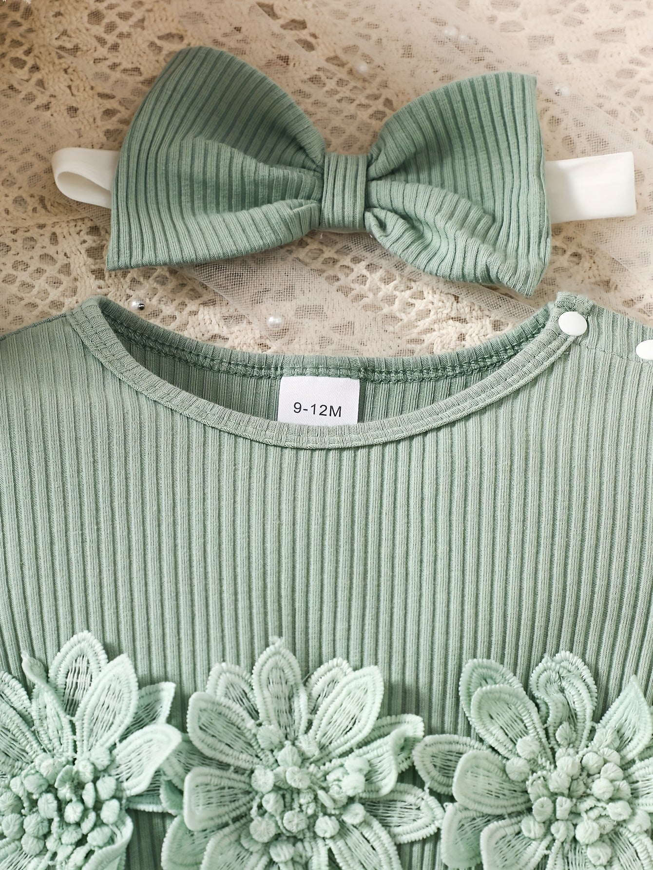 Infant Girls' Spring/Autumn Cotton Ribbed Tulle Dress with 3D Floral Appliques, Sweet Style, Solid Color, Slim Fit, Knit Fabric, with Matching Headband - Baby Outfit, For Outdoor