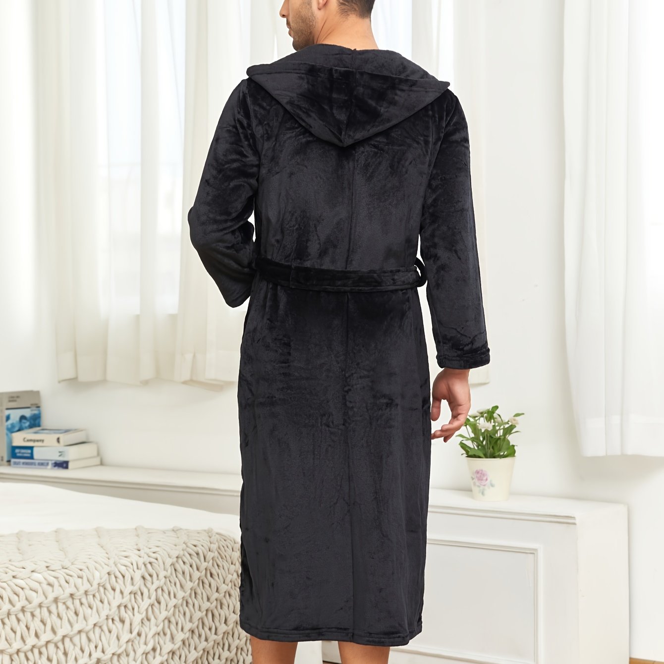 Ultra-Soft Flannel Double Layer Hooded Bathrobe for Men - Breathable, Comfy, Solid Color, with Belt, Perfect for Home Pajamas, Sleepwear, Night-Robe, After Bath Relaxation, Plush, Cozy, and Warm
