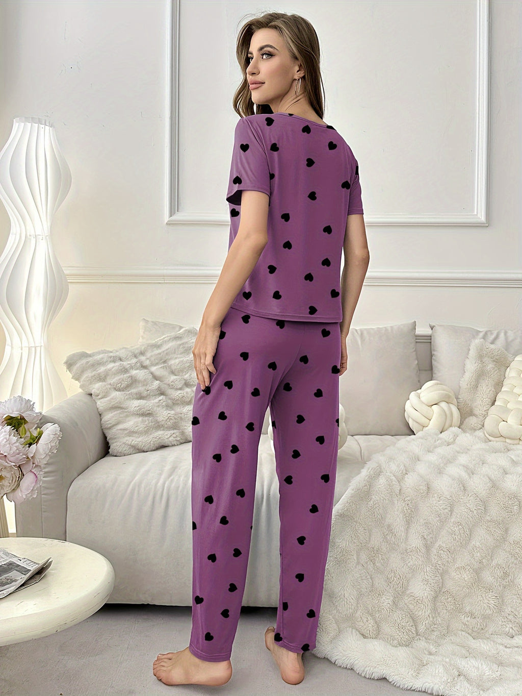 Women's Short Sleeve T-shirt & Long Pants Pajama Set, Love Heart Print, Comfortable Loungewear, Home Wear, Casual Outfit, Available For Outdoor Use
