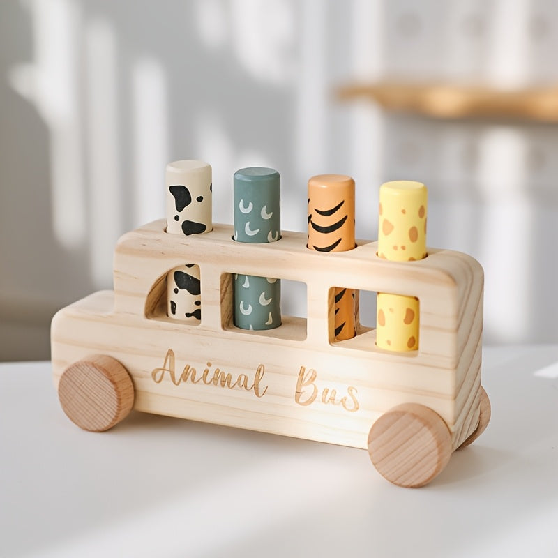 [Colorful Cartoon Toy] Colorful Wooden Baby Educational Cartoon Toy Car Set | Children's Cartoon Bouncy Toy Car, Push-Pull Press Toys | Souvenir Gifts for Babies, Christmas Halloween Easter Gifts