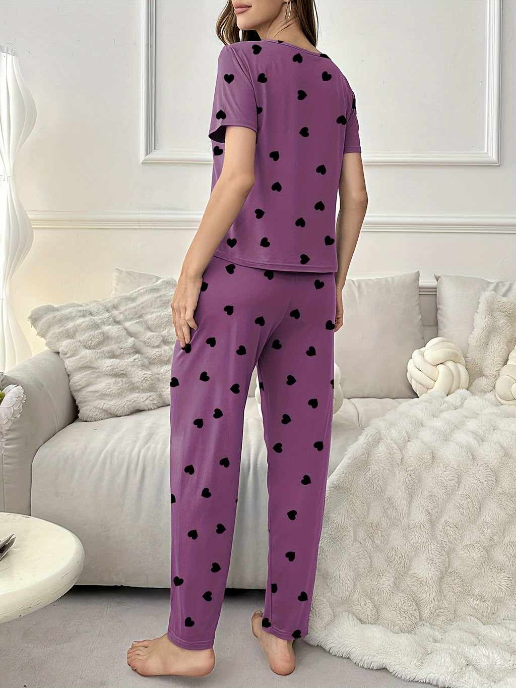 Women's Short Sleeve T-Shirt And Pants Pajama Set, Love Heart Print, Loungewear, Sleepwear, Casual Home Wear, Comfy Basic Style