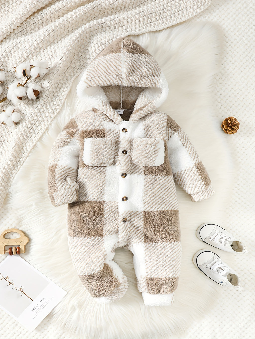 Baby Boy Autumn And Winter Style Fluffy Plaid Pocket Cute Long Sleeve Jumpsuit, For Outdoor