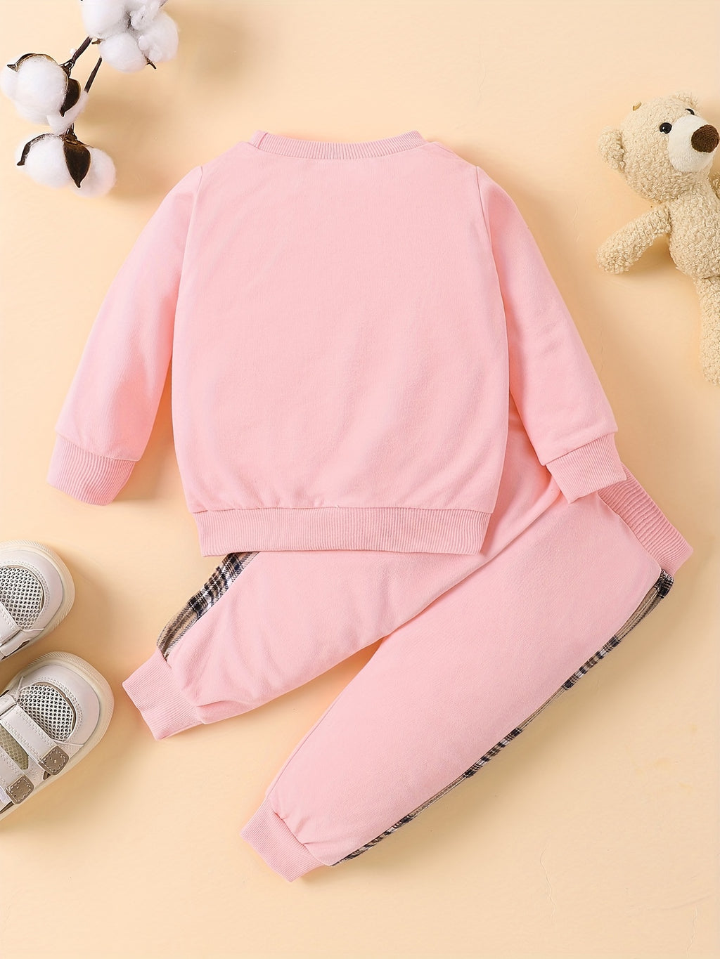 Popular Baby Plaid Bear Embroidery Set - Sweatshirt Tops Pants