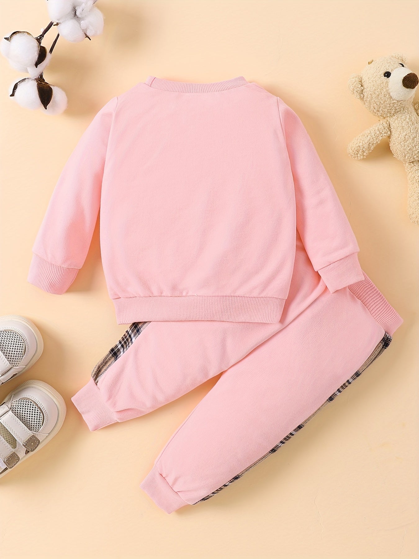Popular Baby Plaid Bear Embroidery Set - Sweatshirt Tops Pants