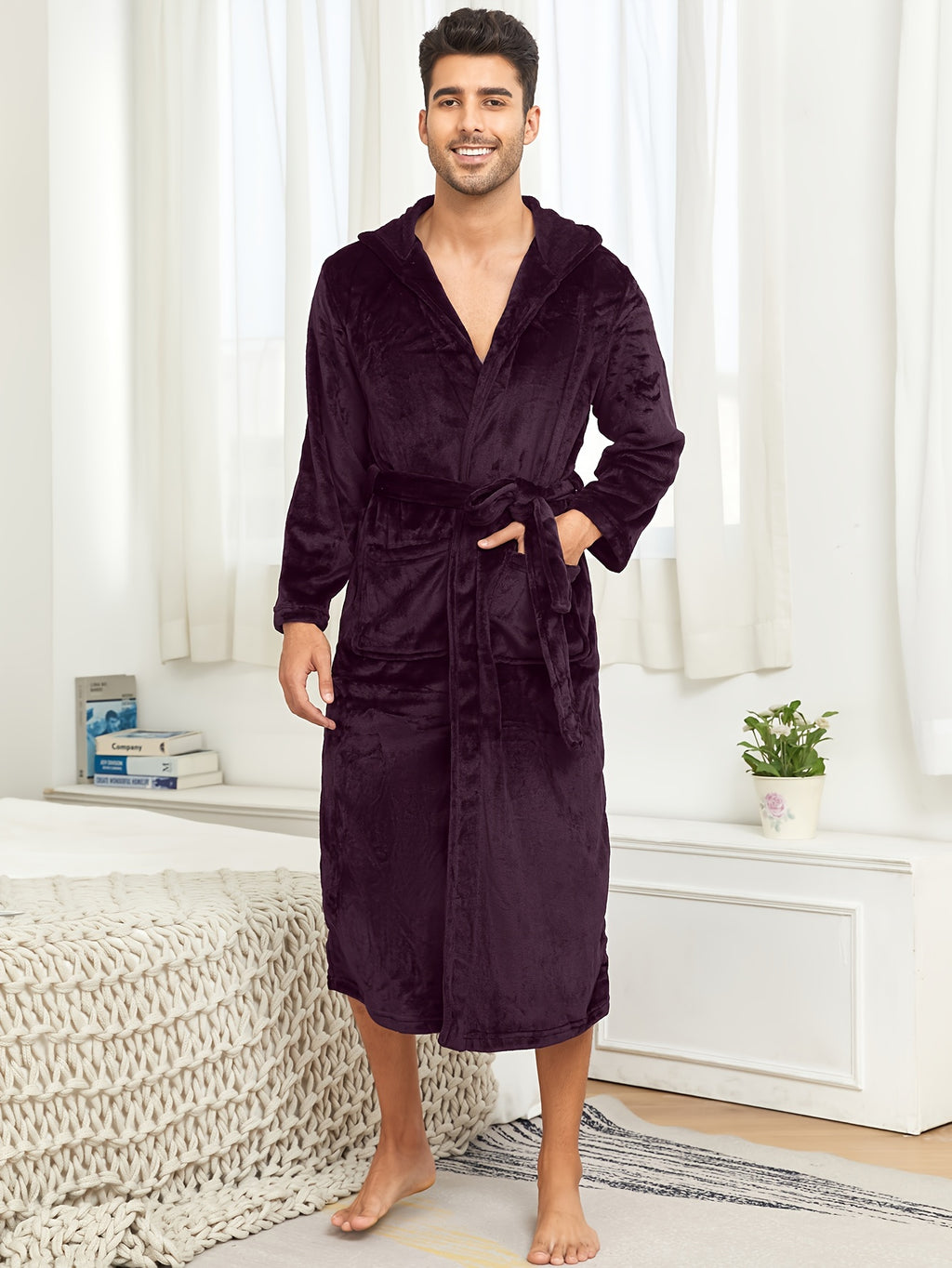 Ultra-Soft Flannel Double Layer Hooded Bathrobe for Men - Breathable, Comfy, Solid Color, with Belt, Perfect for Home Pajamas, Sleepwear, Night-Robe, After Bath Relaxation, Plush, Cozy, and Warm