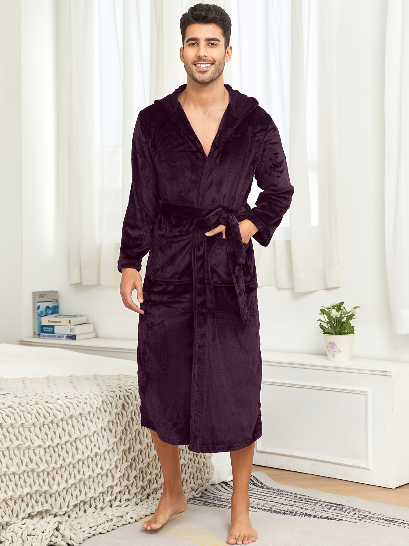 Ultra-Soft Flannel Double Layer Hooded Bathrobe for Men - Breathable, Comfy, Solid Color, with Belt, Perfect for Home Pajamas, Sleepwear, Night-Robe, After Bath Relaxation, Plush, Cozy, and Warm