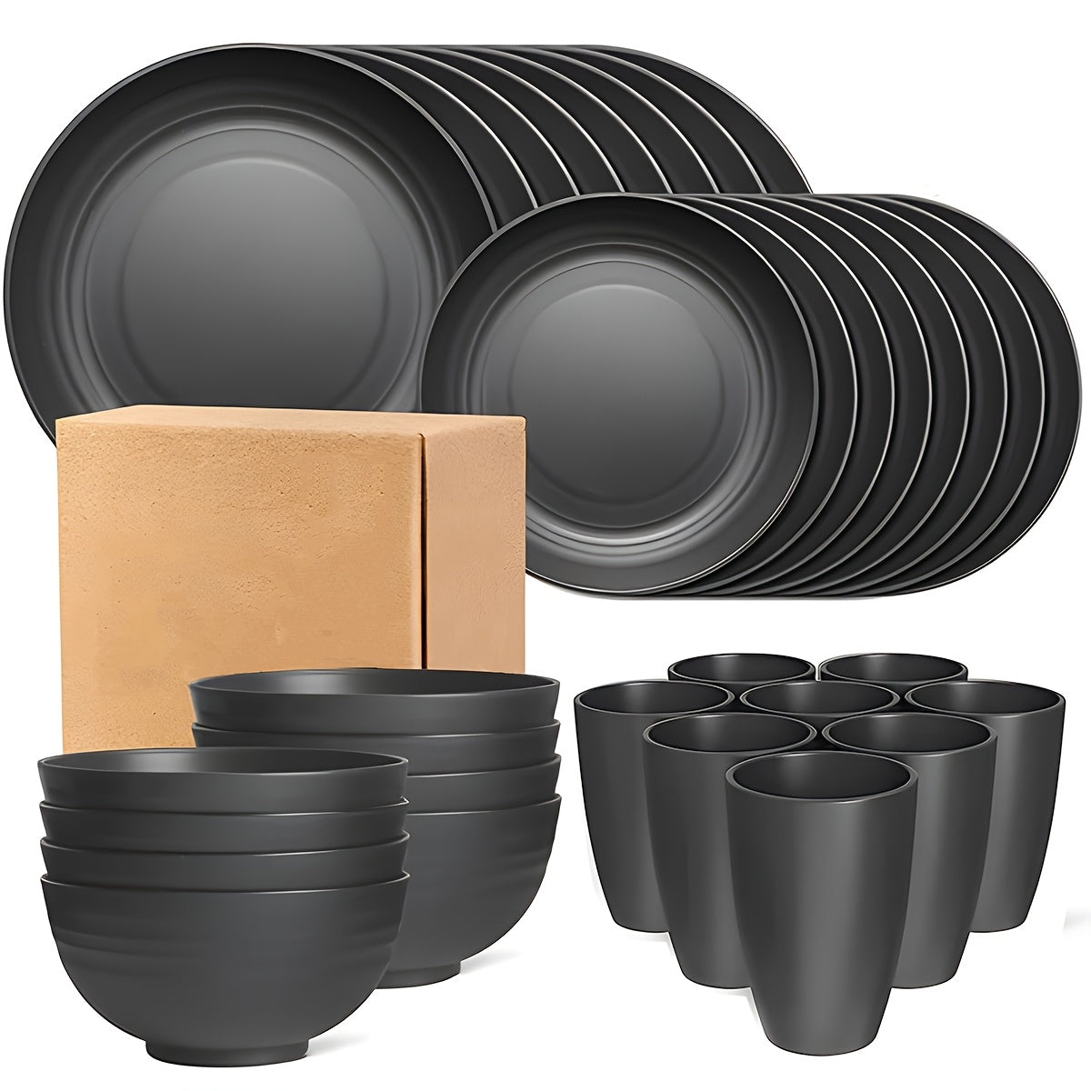 4/16/32pcs, Dinnerware Set, Matte Black Plastic Kitchen Dining Set, Includes 8 Dinner Plates, 8 Dessert Plates, 8 Bowls, 8 Cups Reusable, BPA-Free, For Home And Restaurant Use