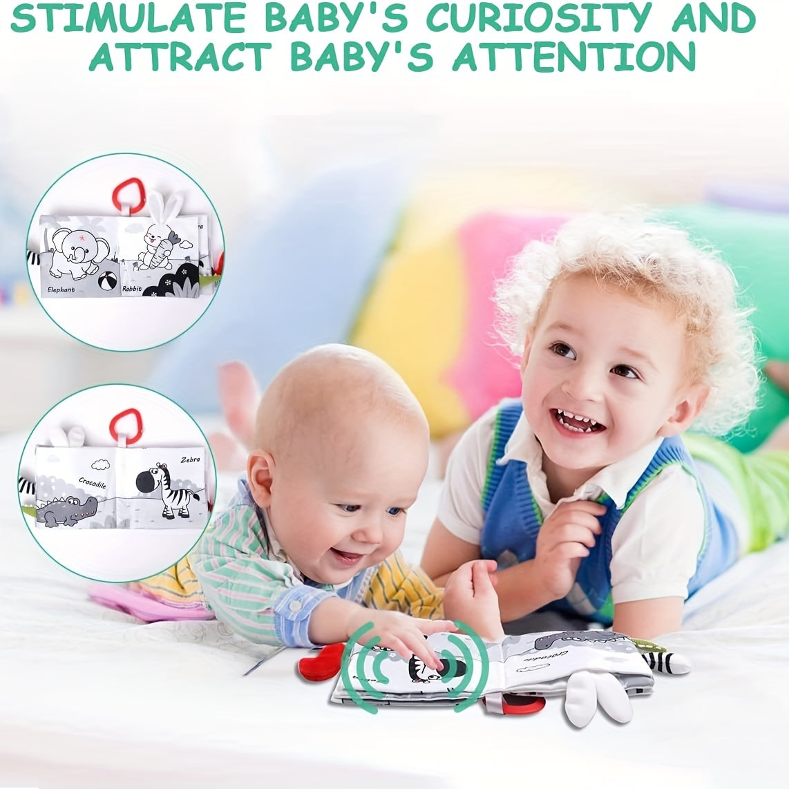 1pc BBSKY Soft Cloth Baby Book with 3D Animal Tails, Sensory Touch and Feel Educational Board Book, Anti-Tear, Polyester Material for Early Learning and Development - Grey and White