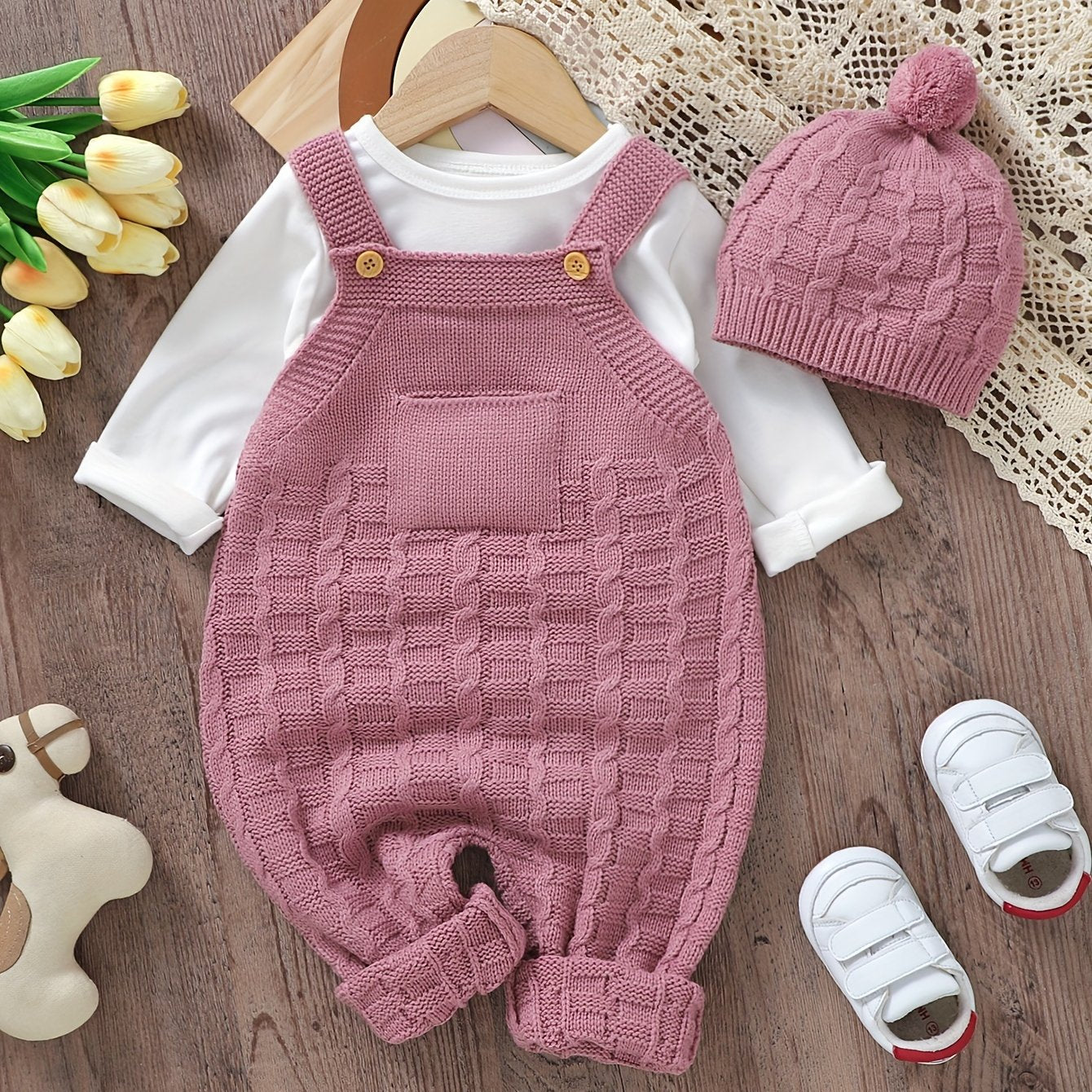 Infant Baby Wool Knitted Suspender Jumpsuit, Long Legs Climbing Suit With Hat Set Without Lining