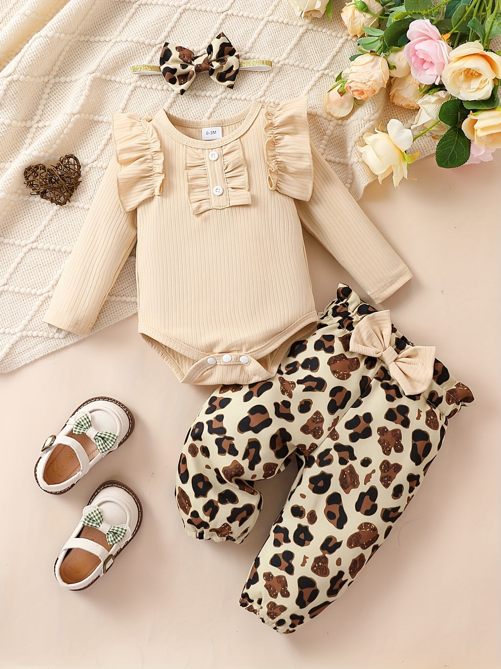 Cute Baby 3pcs Outfits - Floral/leopard Pants & Ruffle Long Sleeve Infant Romper & Headband Set Outdoor Set