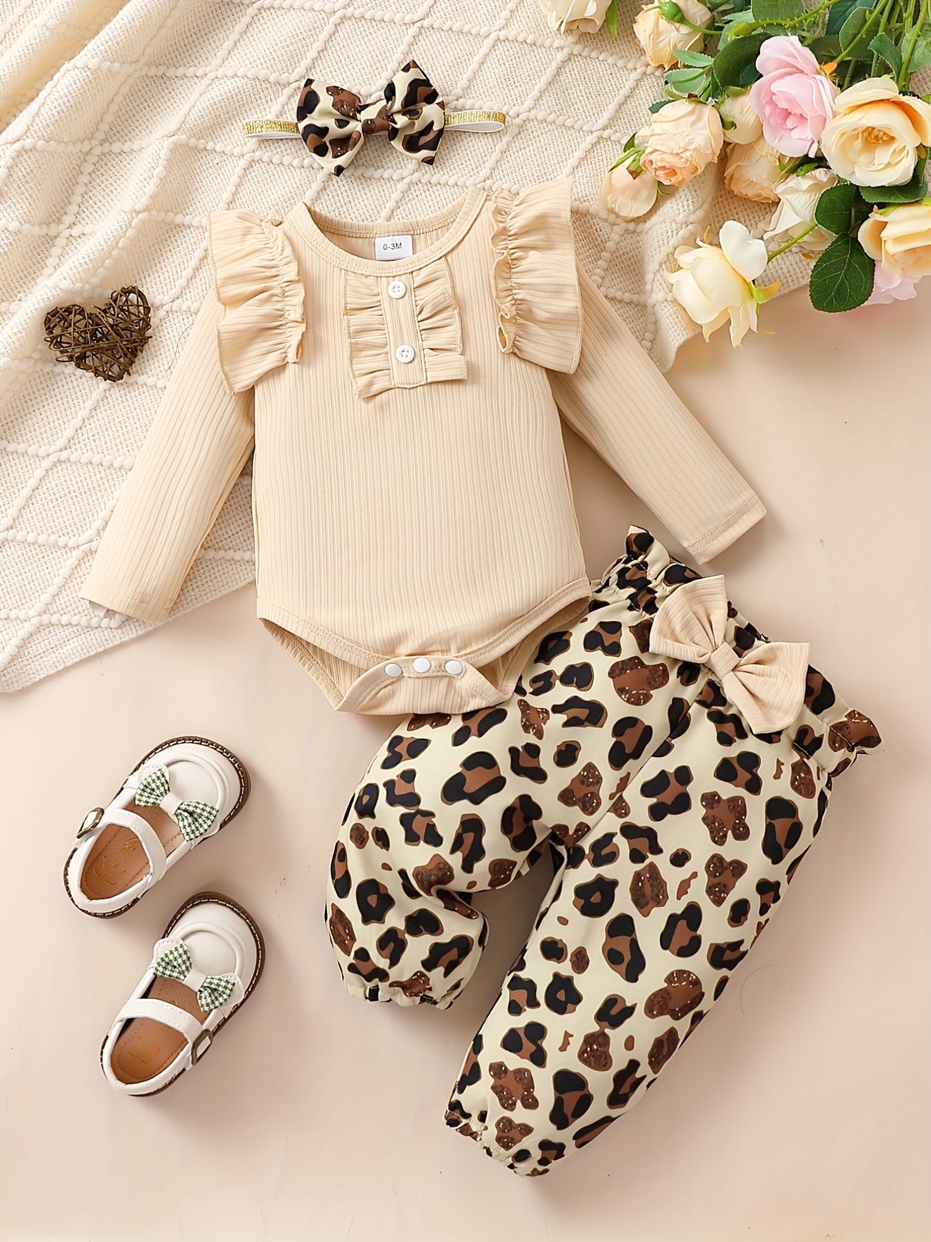 Cute Baby 3pcs Outfits - Floral/leopard Pants & Ruffle Long Sleeve Infant Romper & Headband Set Outdoor Set