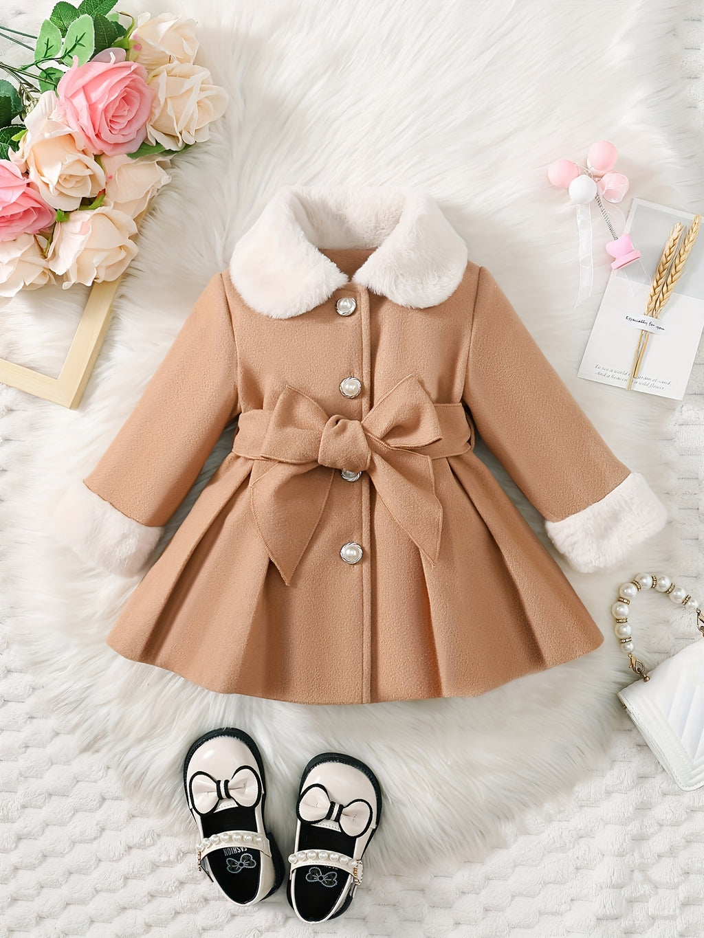Baby's Elegant Fuzzy Collar Belted Coat, Button Front Warm Overcoat, Baby Girl's Clothing For Fall Winter Outdoor