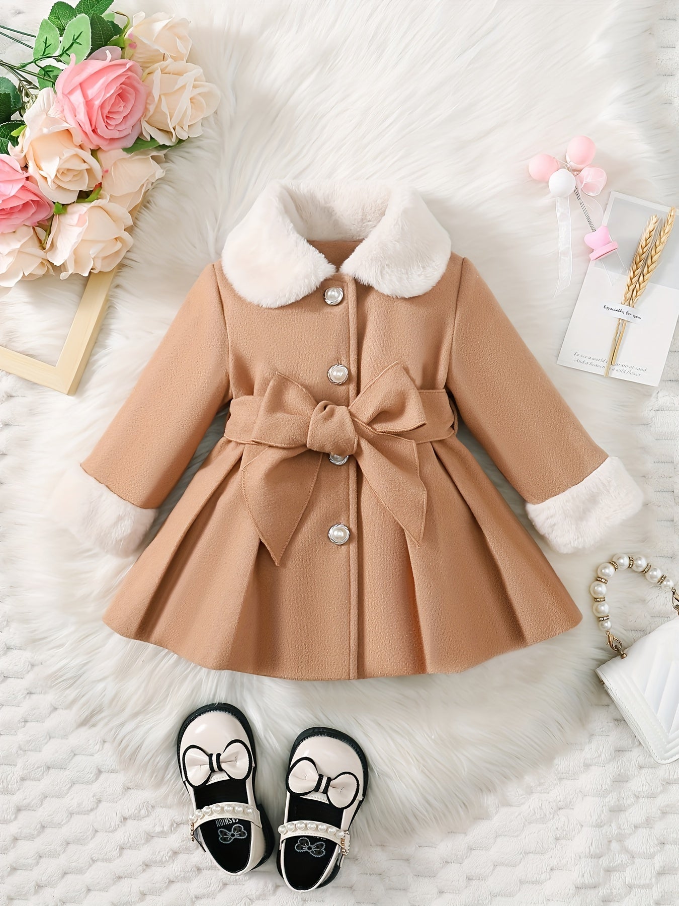 Baby's Elegant Fuzzy Collar Belted Coat, Button Front Warm Overcoat, Baby Girl's Clothing For Fall Winter Outdoor
