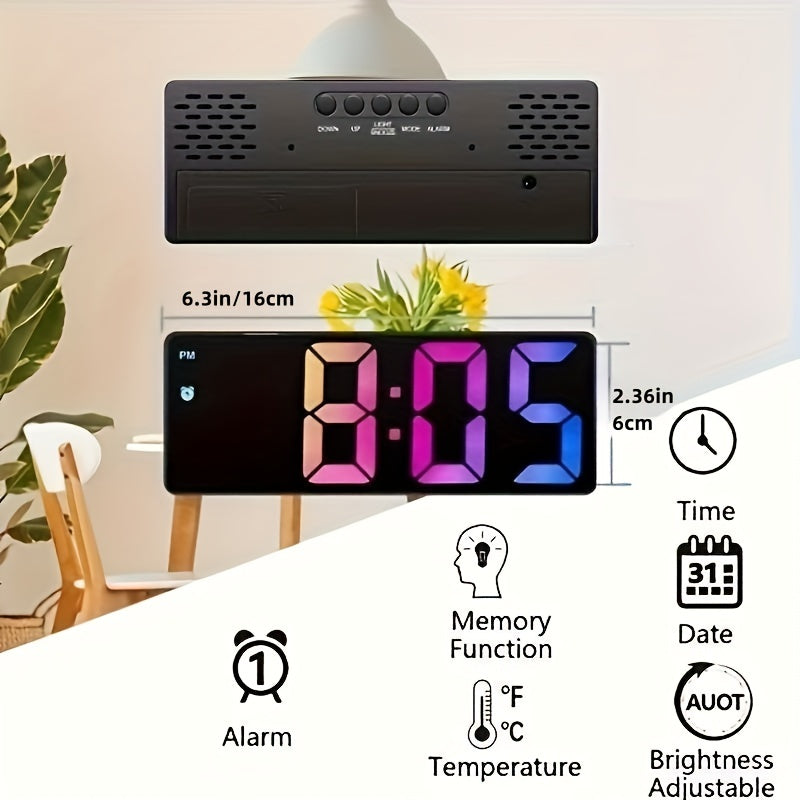 Colorful LED Alarm Clock with HD Mirror Display, Temperature, Adjustable Brightness & USB/Battery Option - Perfect for Home & Travel