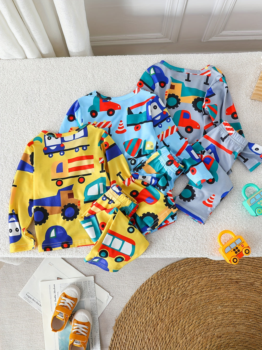 3 Sets 6pcs Baby Boy's Small Car Print Long Sleeves & Pants Set, Comfortable & Skin-friendly Style Underwear For Baby Boys