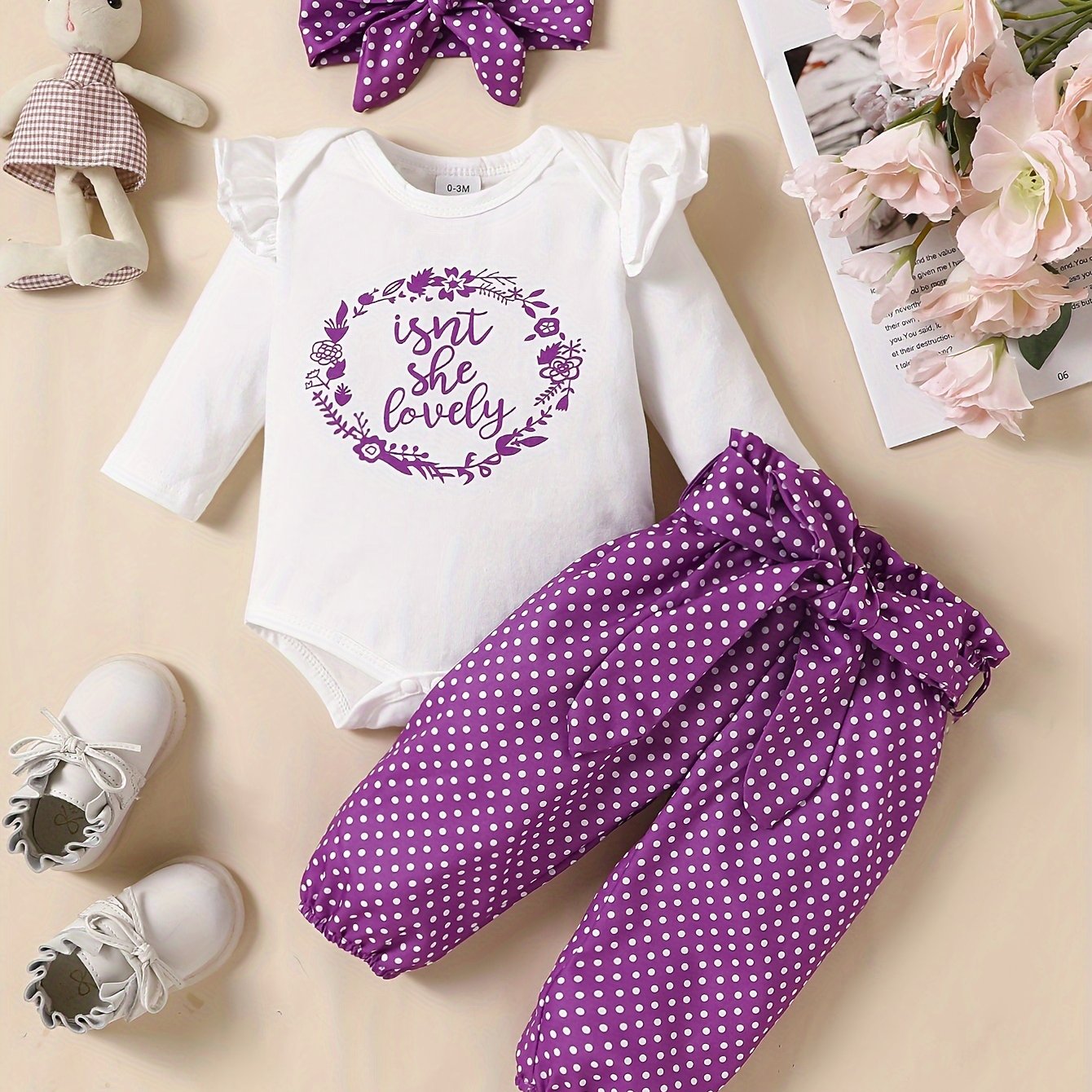 2pcs Baby Girl's Stylish Set, "Isn't She Lovely" Print Long Sleeve Onesie + Polka Dot Pants, Comfy Trendy Outfit Outdoor Clothing