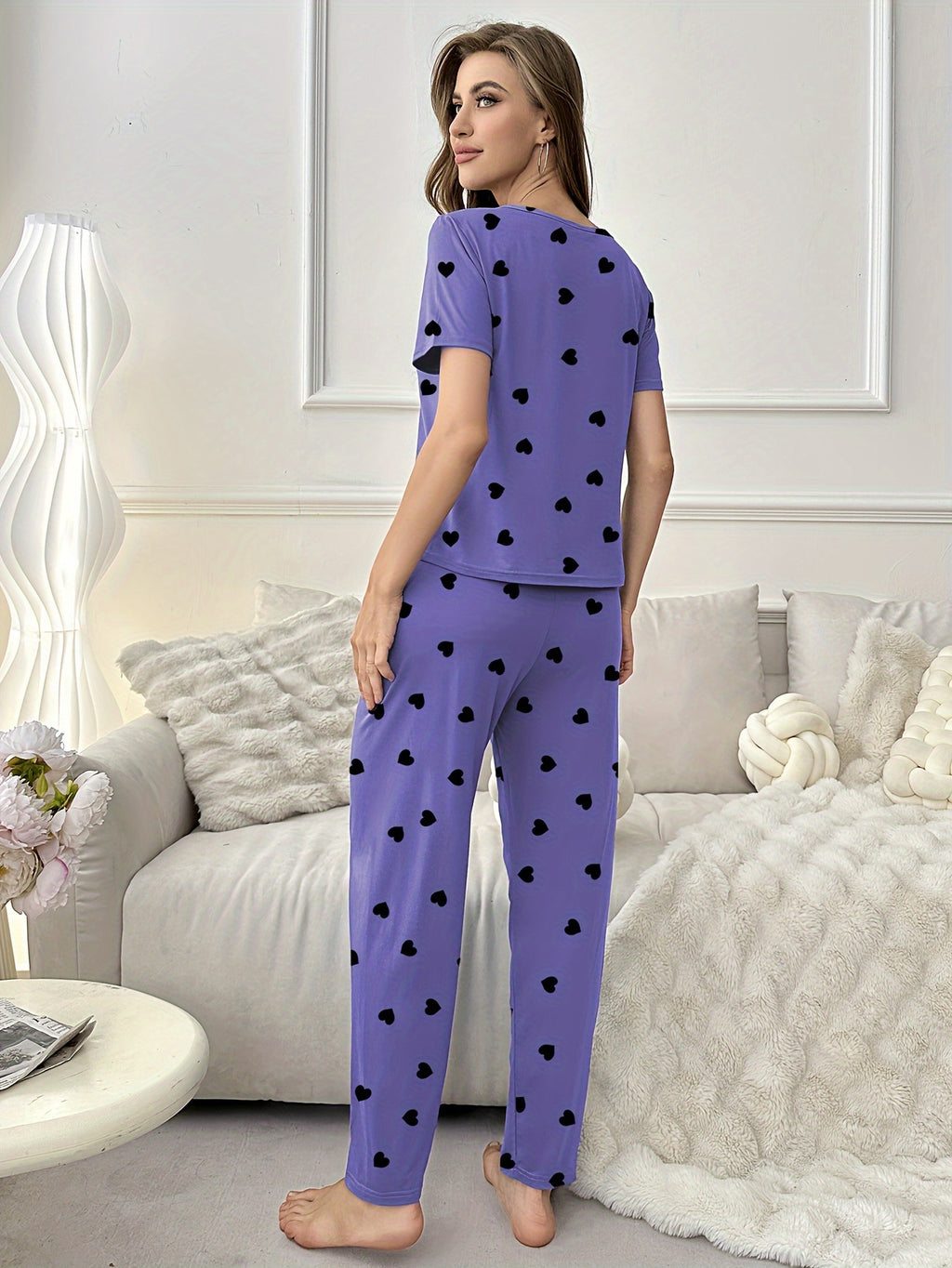 Women's Short Sleeve T-shirt & Long Pants Pajama Set, Love Heart Print, Comfortable Loungewear, Home Wear, Casual Outfit, Available For Outdoor Use