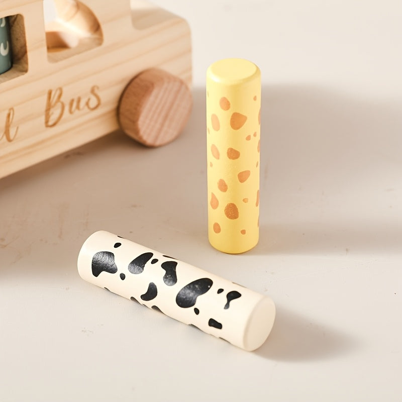 [Colorful Cartoon Toy] Colorful Wooden Baby Educational Cartoon Toy Car Set | Children's Cartoon Bouncy Toy Car, Push-Pull Press Toys | Souvenir Gifts for Babies, Christmas Halloween Easter Gifts