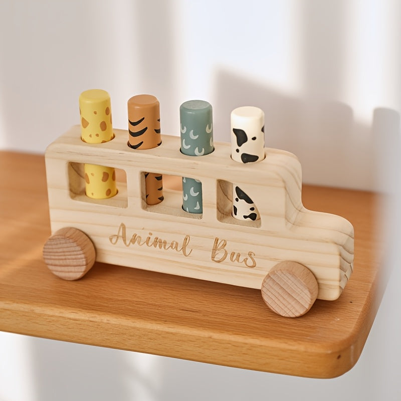 [Colorful Cartoon Toy] Colorful Wooden Baby Educational Cartoon Toy Car Set | Children's Cartoon Bouncy Toy Car, Push-Pull Press Toys | Souvenir Gifts for Babies, Christmas Halloween Easter Gifts