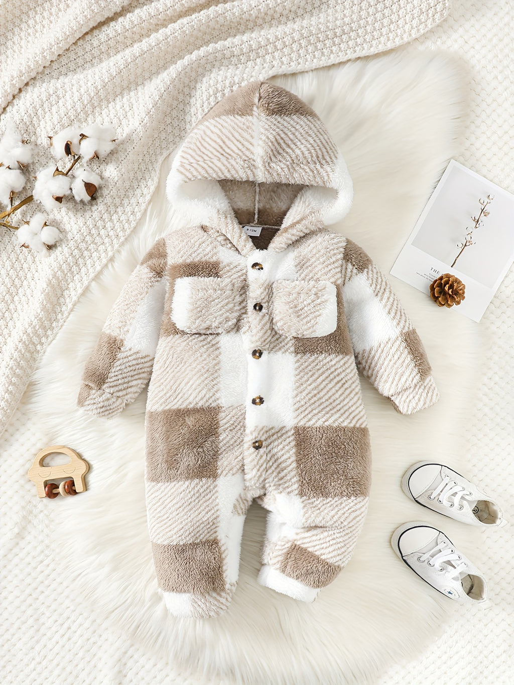 Baby Boy Autumn And Winter Style Fluffy Plaid Pocket Cute Long Sleeve Jumpsuit, For Outdoor