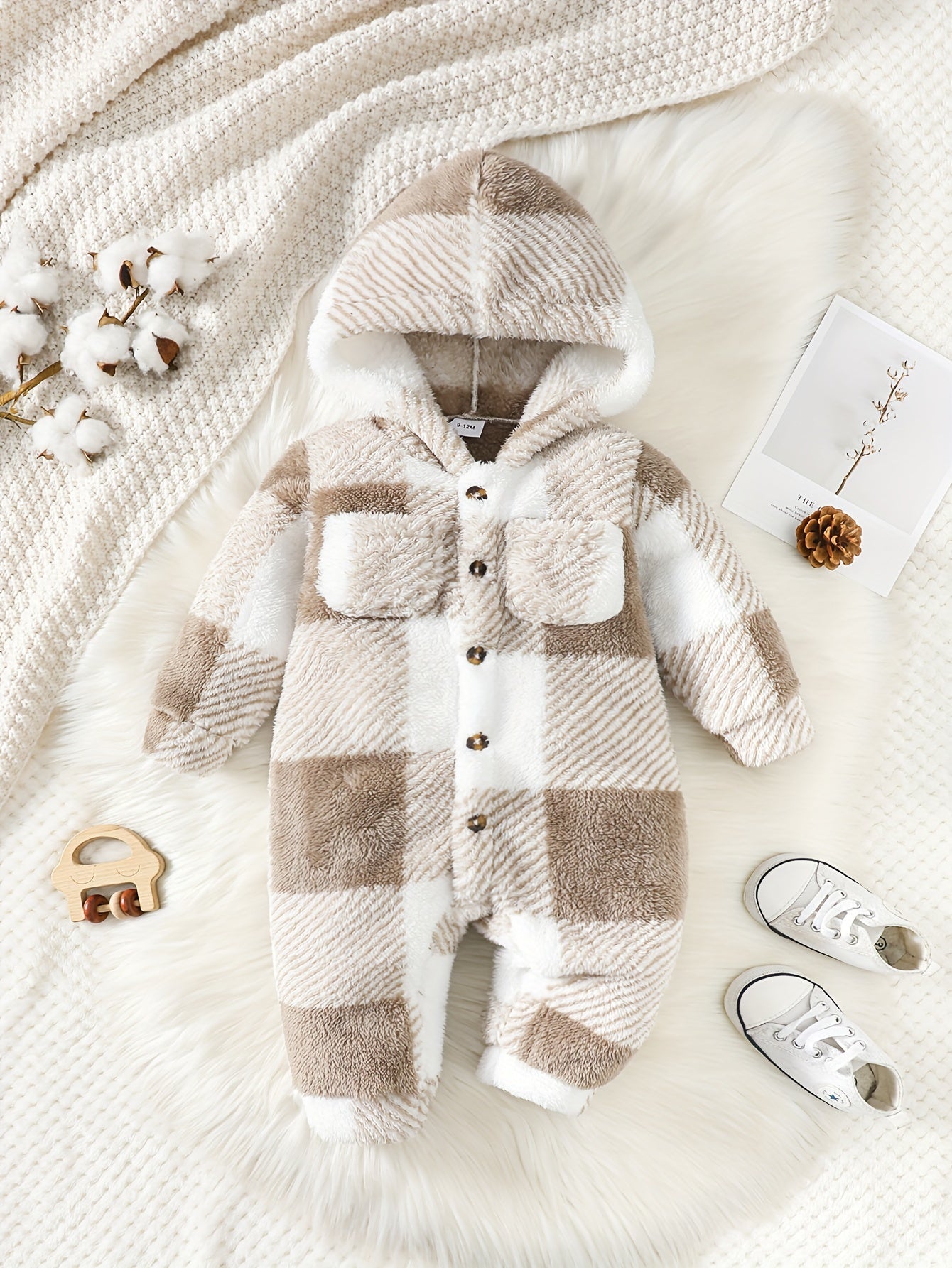 Baby Boy Autumn And Winter Style Fluffy Plaid Pocket Cute Long Sleeve Jumpsuit, For Outdoor