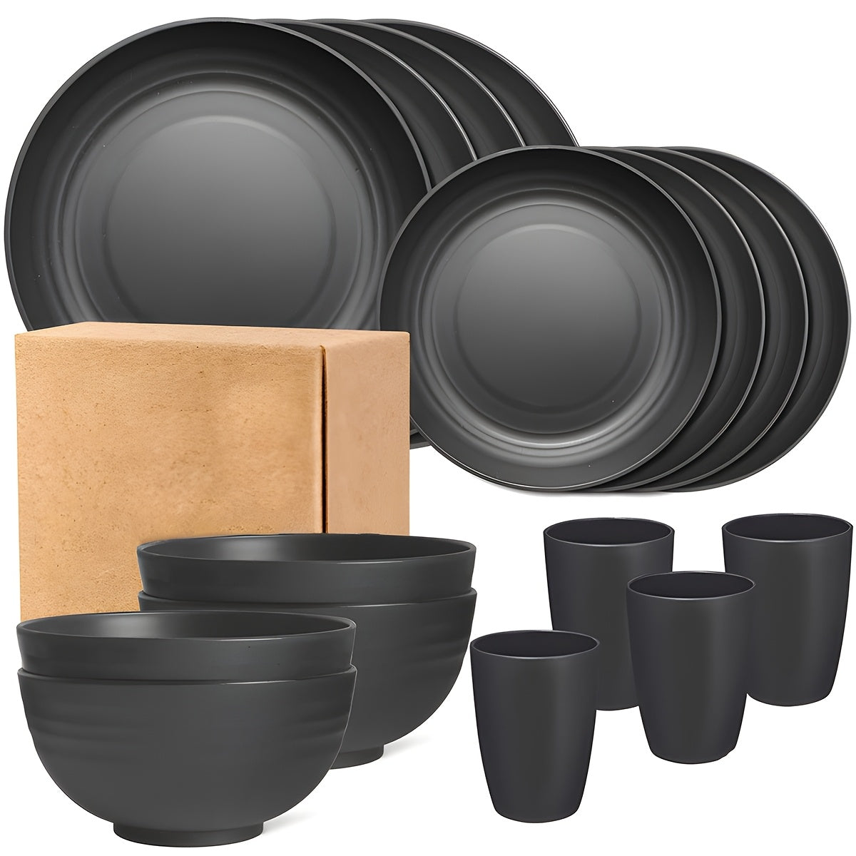 4/16/32pcs, Dinnerware Set, Matte Black Plastic Kitchen Dining Set, Includes 8 Dinner Plates, 8 Dessert Plates, 8 Bowls, 8 Cups Reusable, BPA-Free, For Home And Restaurant Use