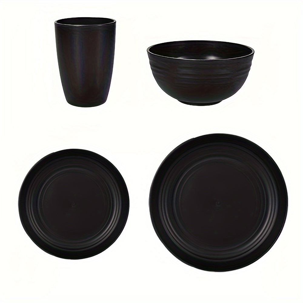 4/16/32pcs, Dinnerware Set, Matte Black Plastic Kitchen Dining Set, Includes 8 Dinner Plates, 8 Dessert Plates, 8 Bowls, 8 Cups Reusable, BPA-Free, For Home And Restaurant Use