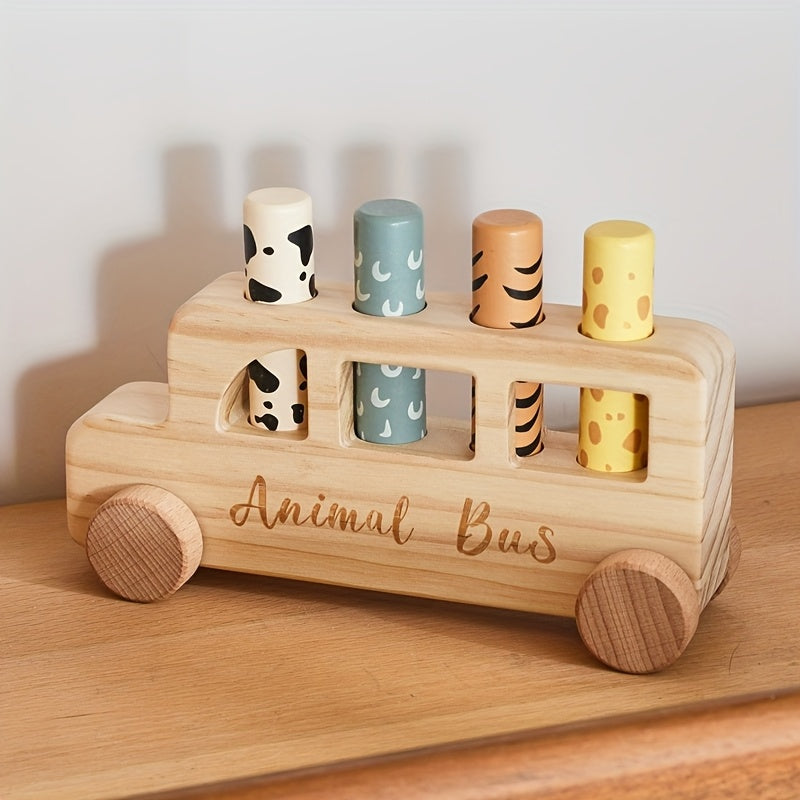 [Colorful Cartoon Toy] Colorful Wooden Baby Educational Cartoon Toy Car Set | Children's Cartoon Bouncy Toy Car, Push-Pull Press Toys | Souvenir Gifts for Babies, Christmas Halloween Easter Gifts