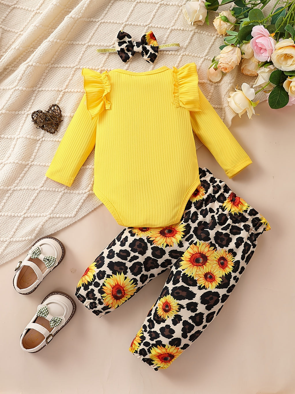 Cute Baby 3pcs Outfits - Floral/leopard Pants & Ruffle Long Sleeve Infant Romper & Headband Set Outdoor Set