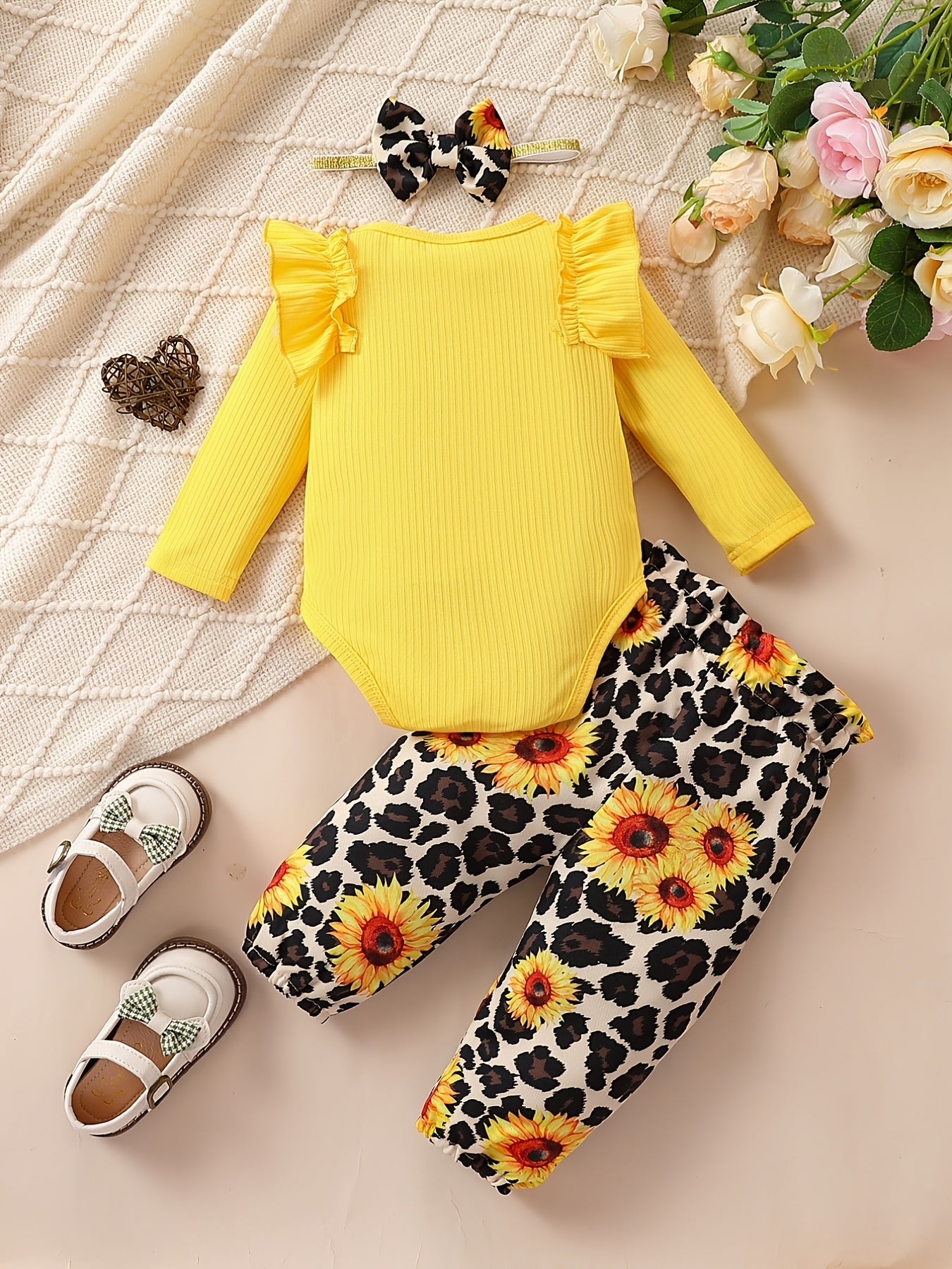 Cute Baby 3pcs Outfits - Floral/leopard Pants & Ruffle Long Sleeve Infant Romper & Headband Set Outdoor Set