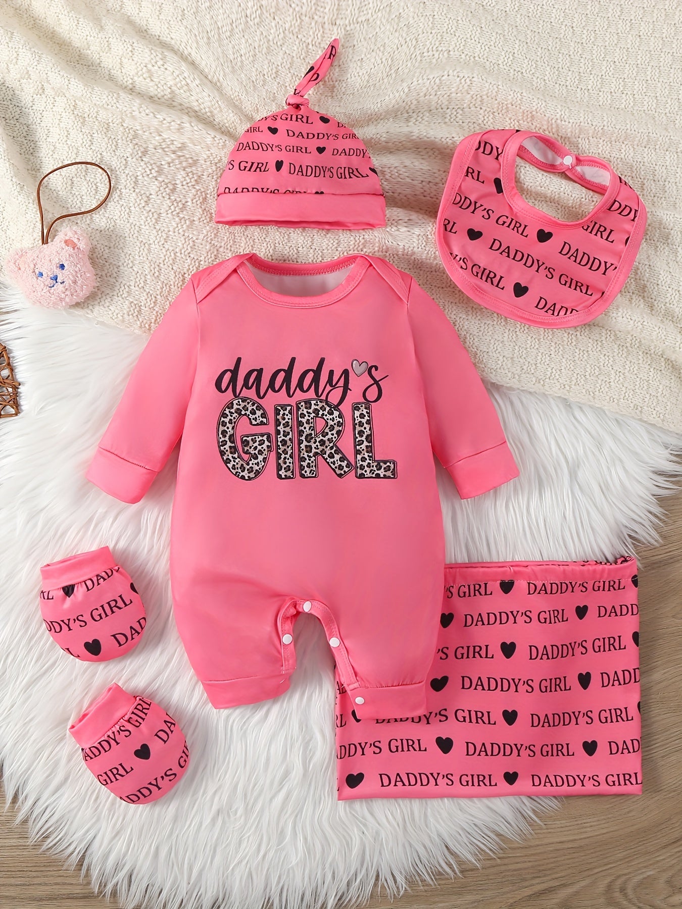 Baby Girl 6pcs Set with Cartoon Cute Letter Pink Clothes Leopard Print Bodysuit, Matching Hat, Pacifier, and Socks, Casual Jumpsuit, Adorable Pink Letter Leopard Pattern, Perfect for Fall/Winter, Baby Girl Clothes, Baby Girl