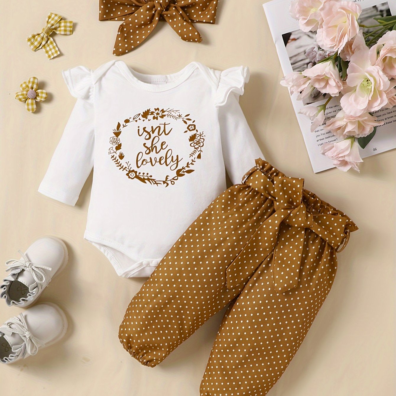 2pcs Baby Girl's Stylish Set, "Isn't She Lovely" Print Long Sleeve Onesie + Polka Dot Pants, Comfy Trendy Outfit Outdoor Clothing