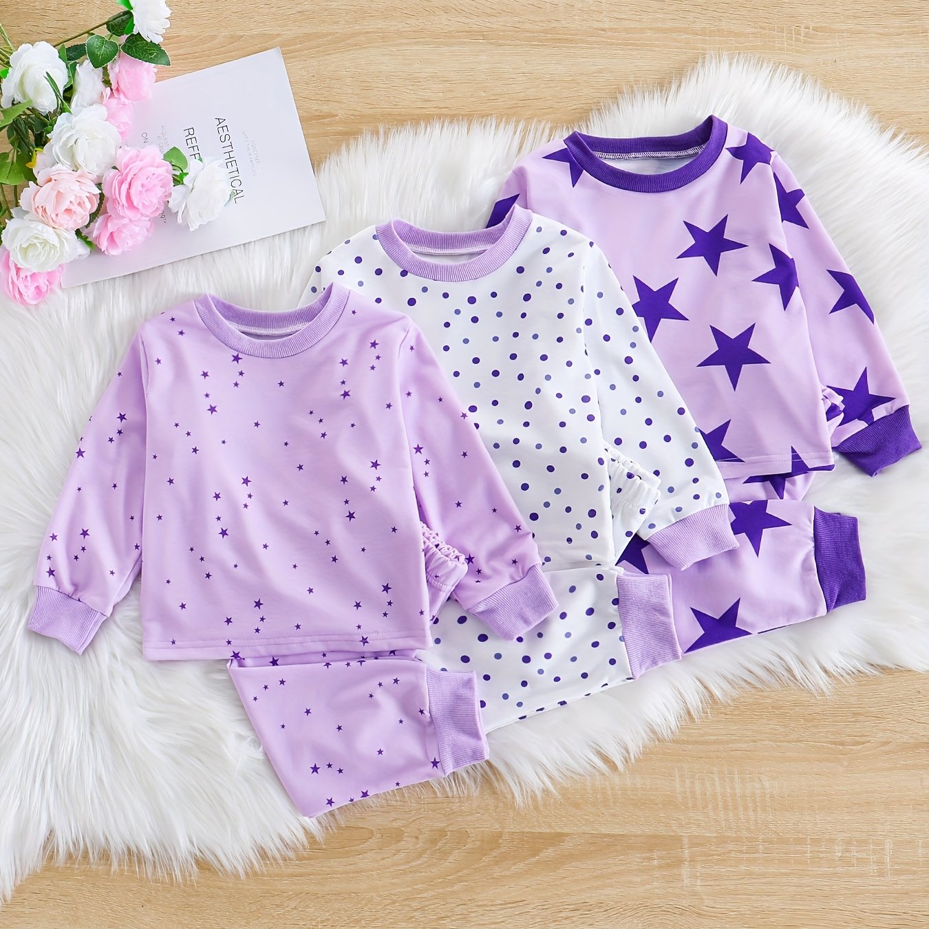 3 Sets Baby Girl's Pink Series Star Pattern Long Sleeve Top & Trousers Pajama Set, Comfy & Skin-friendly PJ Set, Baby Girl's Loungewear, As Daily Gift