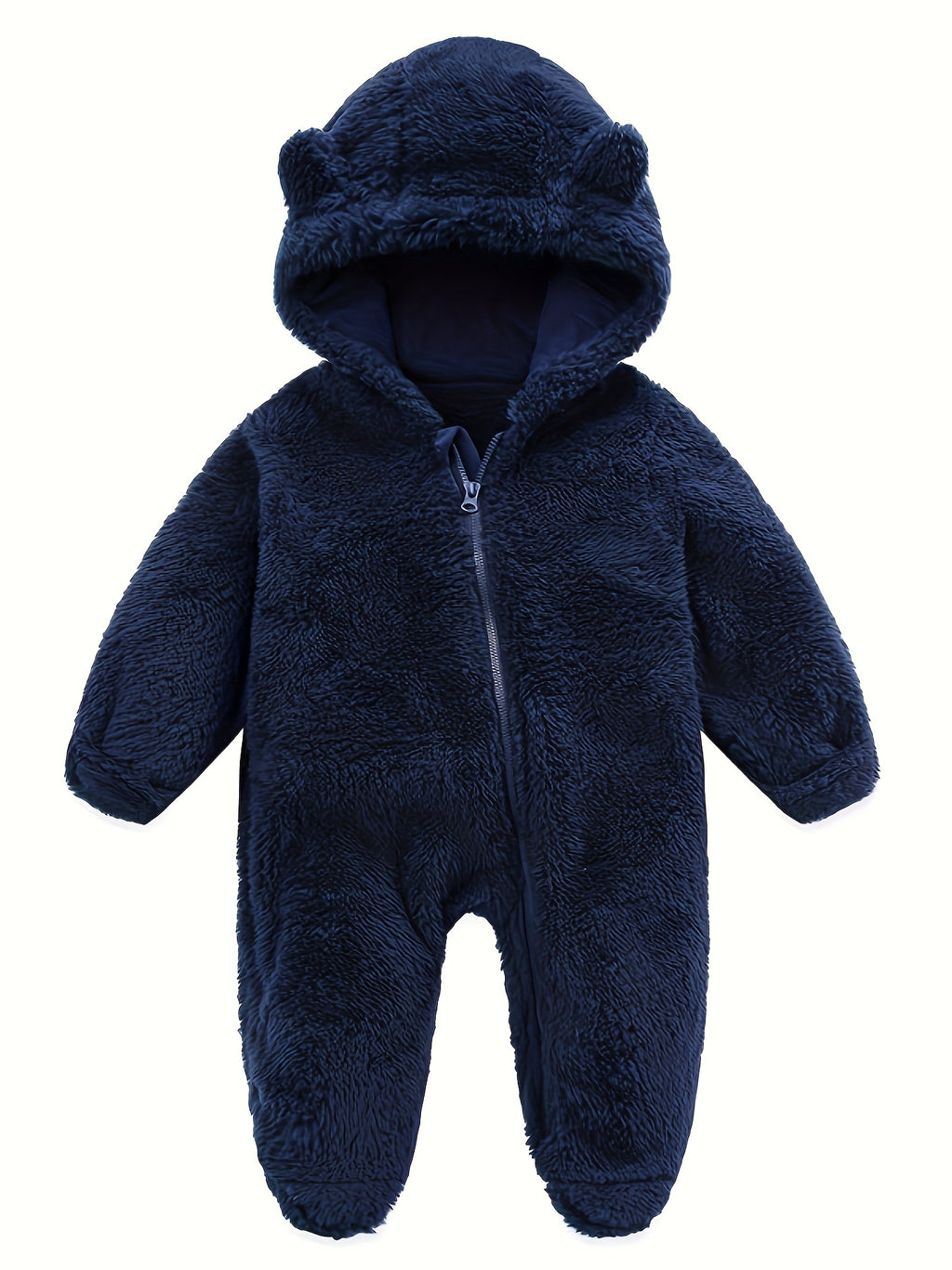 Skytwo Cozy Navy Blue Polar Fleece Baby Jumpsuit with Cute Bear Ears Hood - Soft, Warm, Windproof, Easy-Diaper Zipper, Elastic Cuffs for Winter Comfort, Baby Romper, Perfect for Outdoor