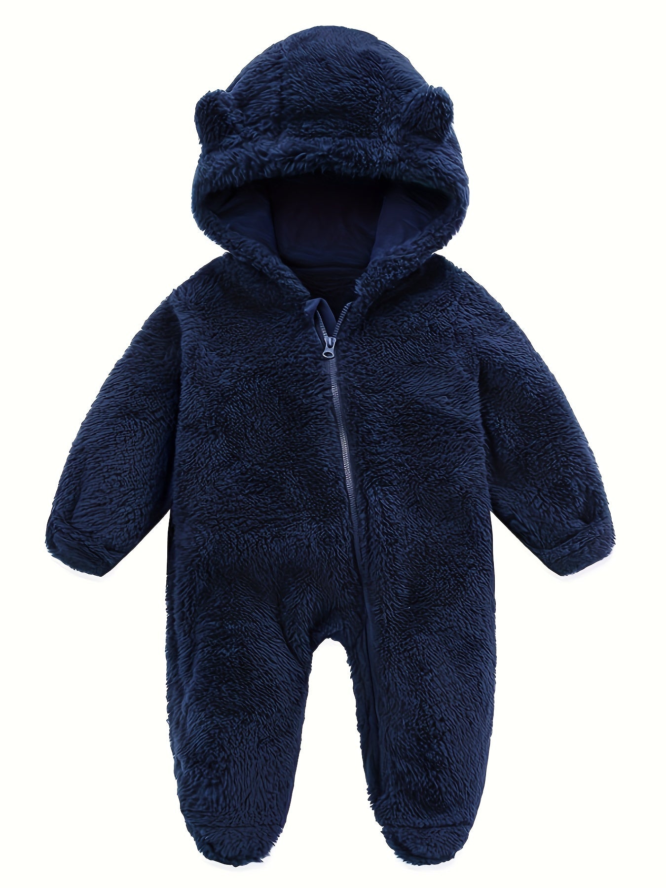 Skytwo Cozy Navy Blue Polar Fleece Baby Jumpsuit with Cute Bear Ears Hood - Soft, Warm, Windproof, Easy-Diaper Zipper, Elastic Cuffs for Winter Comfort, Baby Romper, Perfect for Outdoor