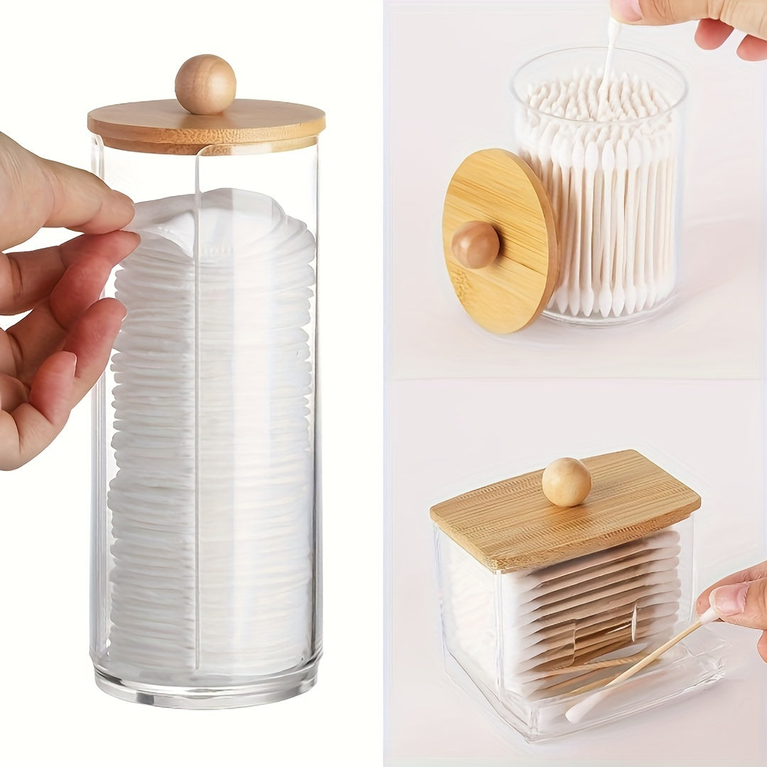 3pcs Cotton Swab Holder, Bathroom Dispenser Storage Box For Cotton Ball, Cotton Swab, Cotton Round Pads And Floss Picks, Clear Storage Canister With Bamboo Lid, Home Organization And Storage Supplies