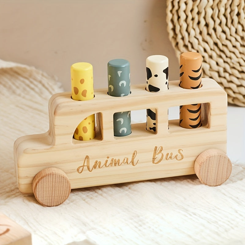 [Colorful Cartoon Toy] Colorful Wooden Baby Educational Cartoon Toy Car Set | Children's Cartoon Bouncy Toy Car, Push-Pull Press Toys | Souvenir Gifts for Babies, Christmas Halloween Easter Gifts