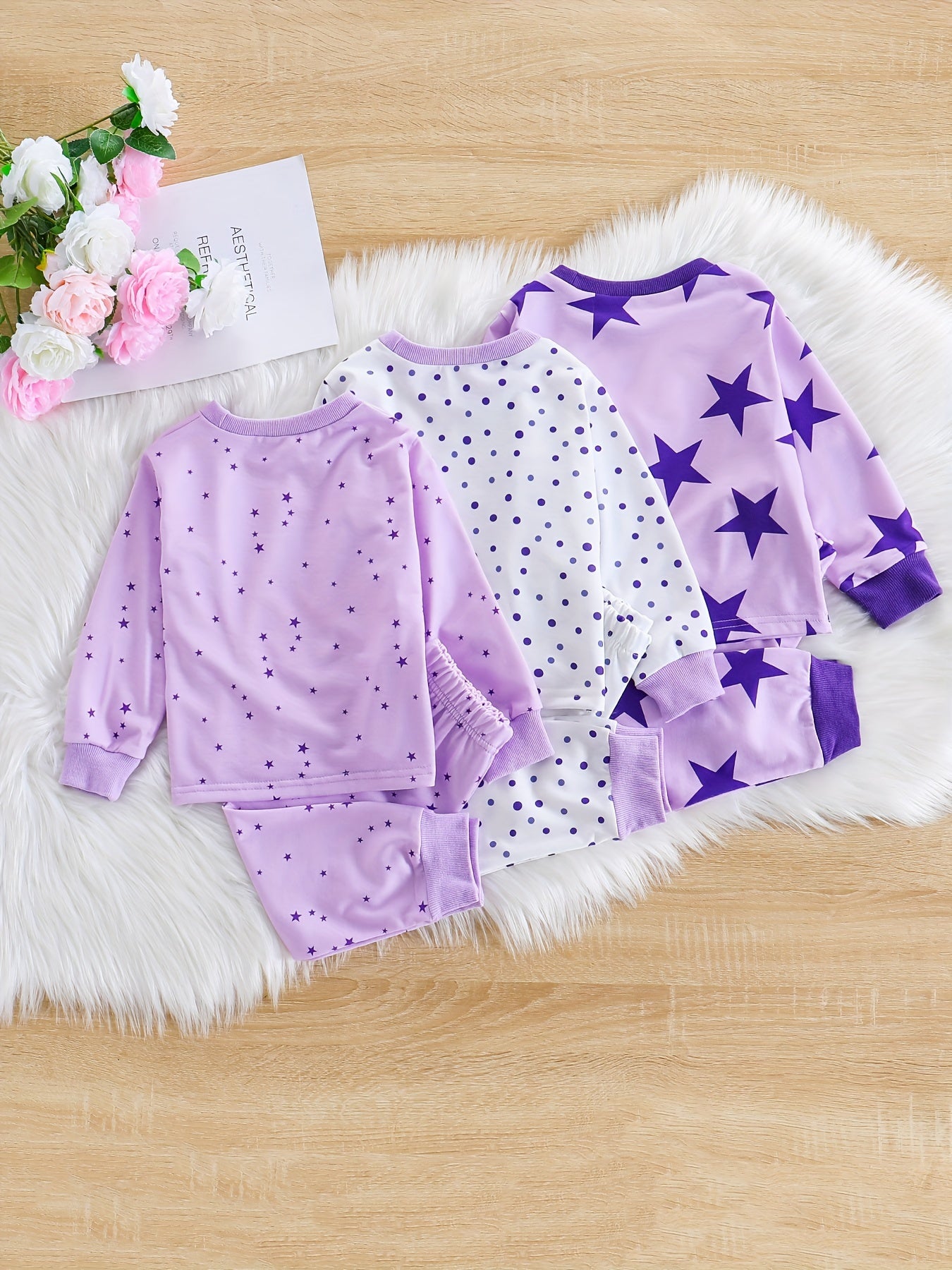 3 Sets Baby Girl's Pink Series Star Pattern Long Sleeve Top & Trousers Pajama Set, Comfy & Skin-friendly PJ Set, Baby Girl's Loungewear, As Daily Gift