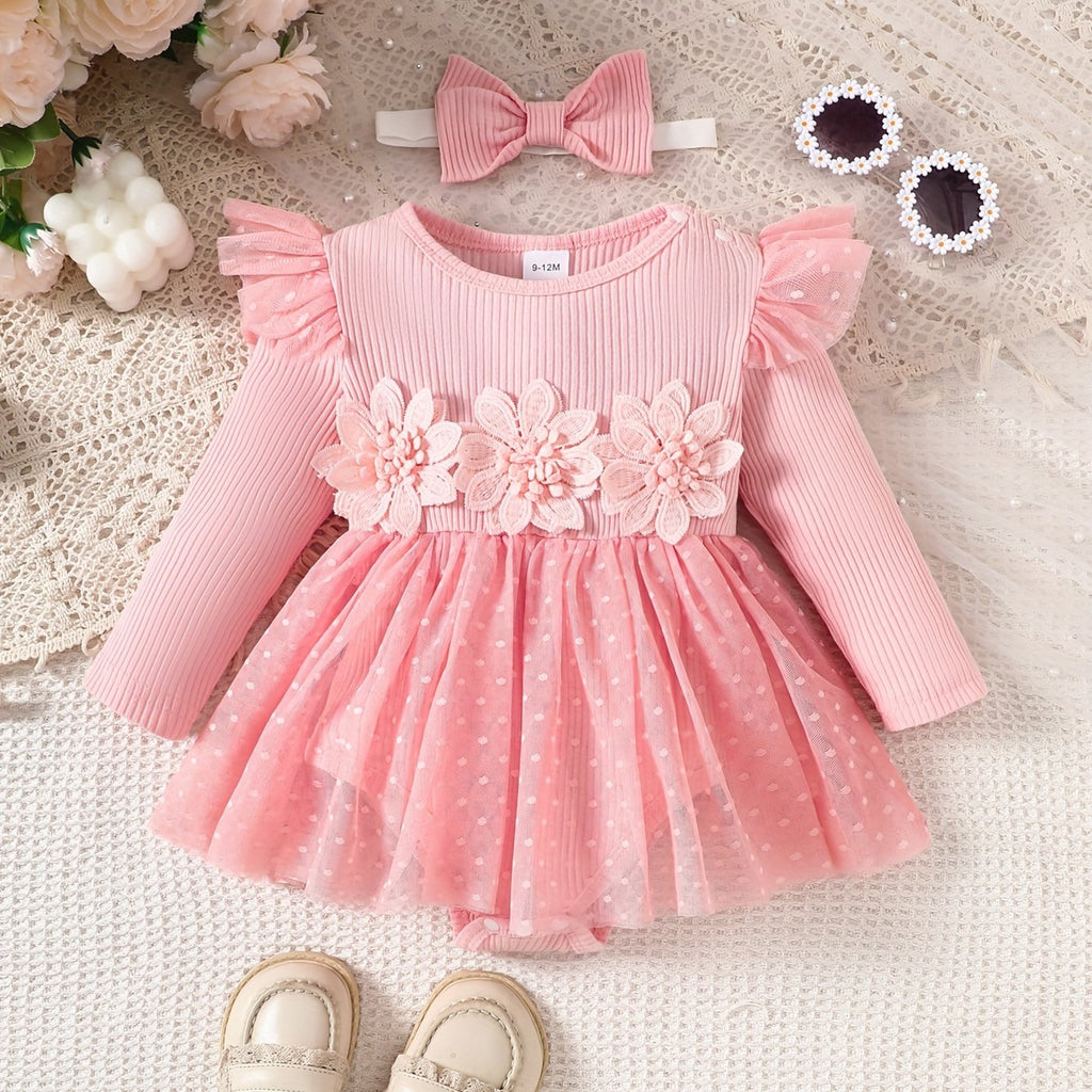 Infant Girls' Spring/Autumn Cotton Ribbed Tulle Dress with 3D Floral Appliques, Sweet Style, Solid Color, Slim Fit, Knit Fabric, with Matching Headband - Baby Outfit, For Outdoor