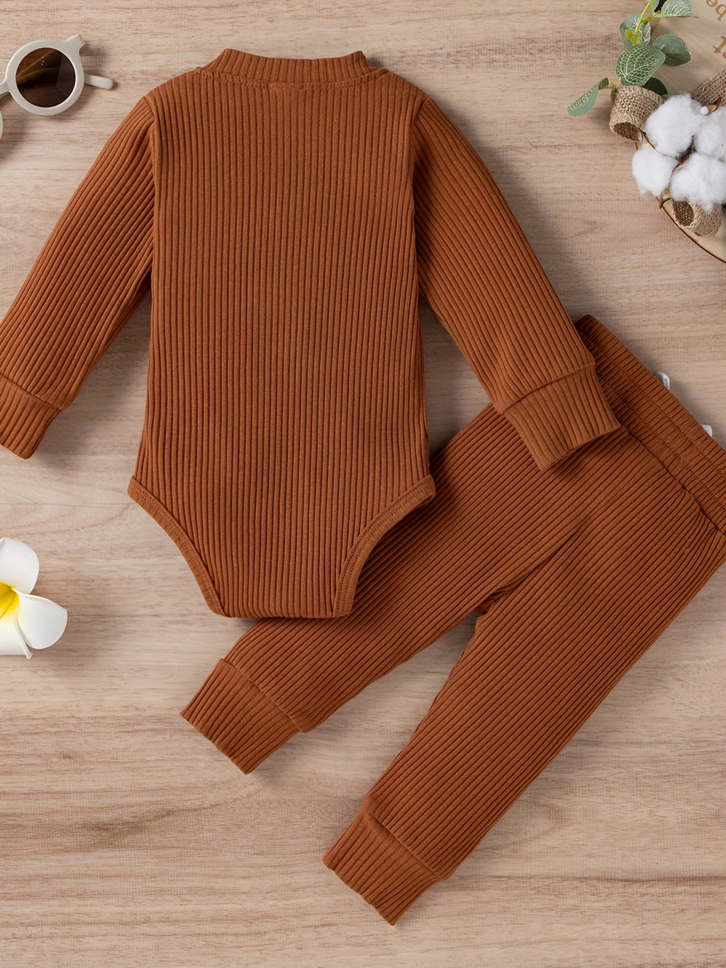 2pcs Baby Infant Boys And Girls Casual Plain Color Long Sleeve Onesie & Pants Set Clothes For Your Little One, Outdoor Cloth