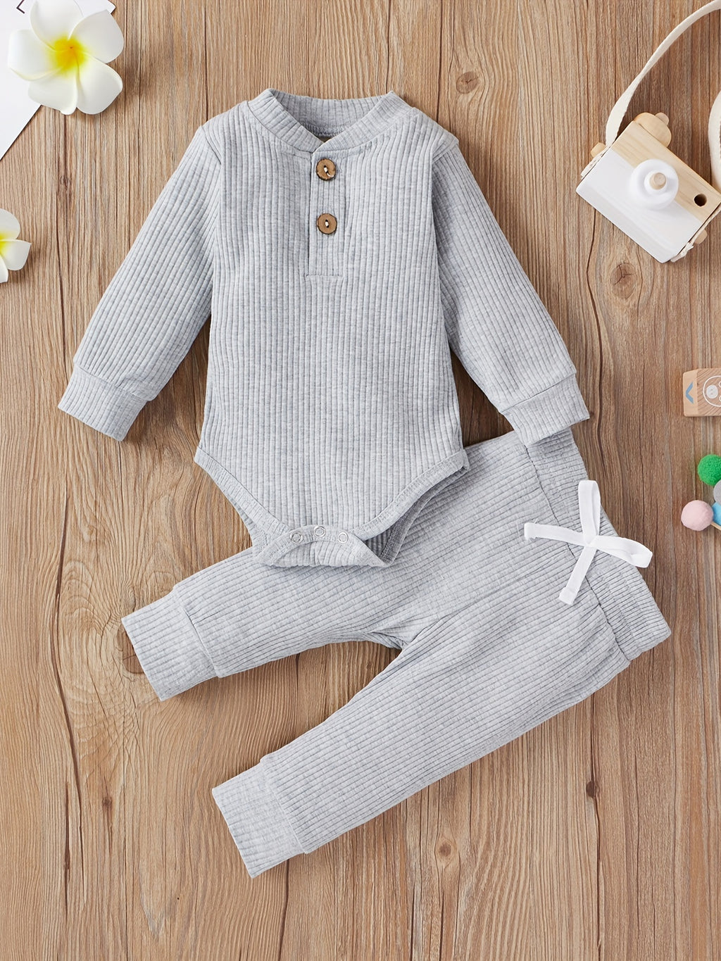 2pcs Baby Infant Boys And Girls Casual Plain Color Long Sleeve Onesie & Pants Set Clothes For Your Little One, Outdoor Cloth