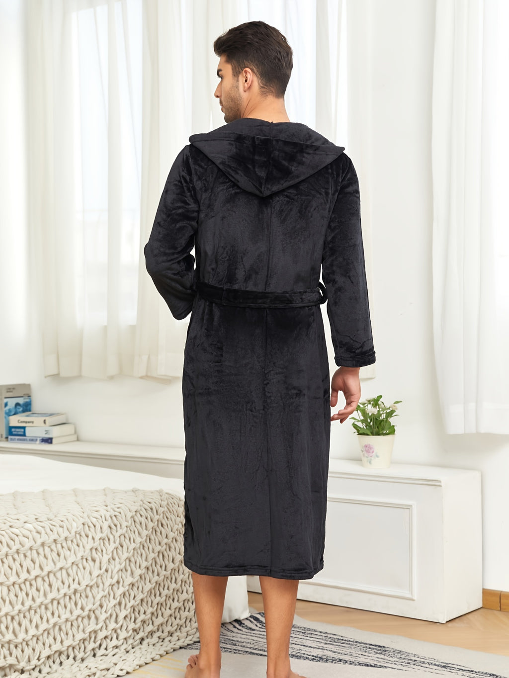 Ultra-Soft Flannel Double Layer Hooded Bathrobe for Men - Breathable, Comfy, Solid Color, with Belt, Perfect for Home Pajamas, Sleepwear, Night-Robe, After Bath Relaxation, Plush, Cozy, and Warm