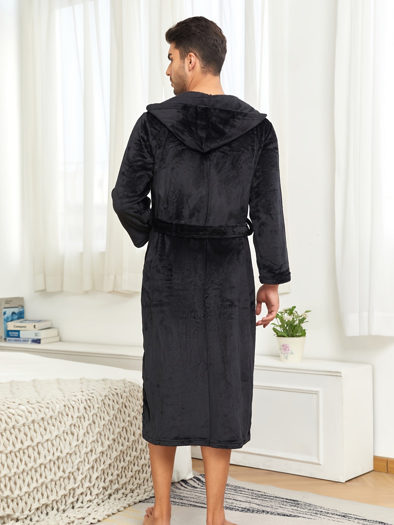 Ultra-Soft Flannel Double Layer Hooded Bathrobe for Men - Breathable, Comfy, Solid Color, with Belt, Perfect for Home Pajamas, Sleepwear, Night-Robe, After Bath Relaxation, Plush, Cozy, and Warm