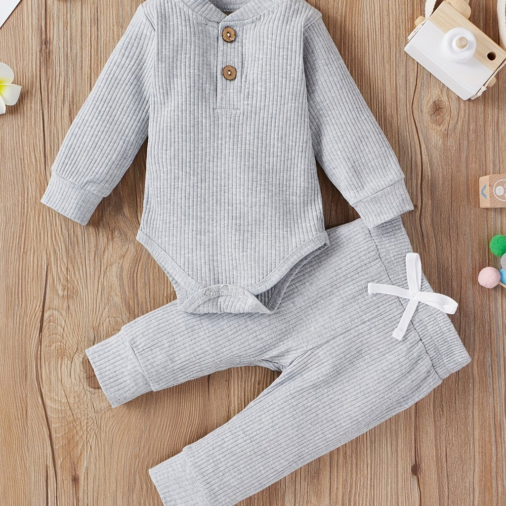 2pcs Baby Infant Boys And Girls Casual Plain Color Long Sleeve Onesie & Pants Set Clothes For Your Little One, Outdoor Cloth