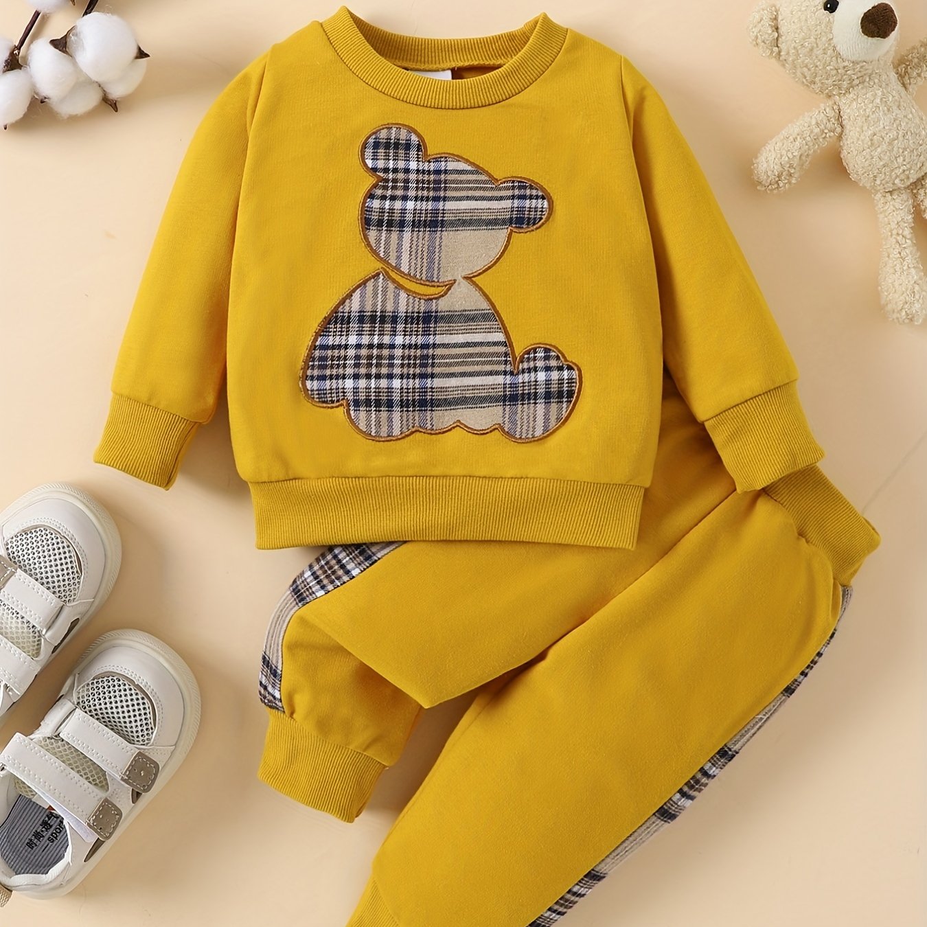 Popular Baby Plaid Bear Embroidery Set - Sweatshirt Tops Pants