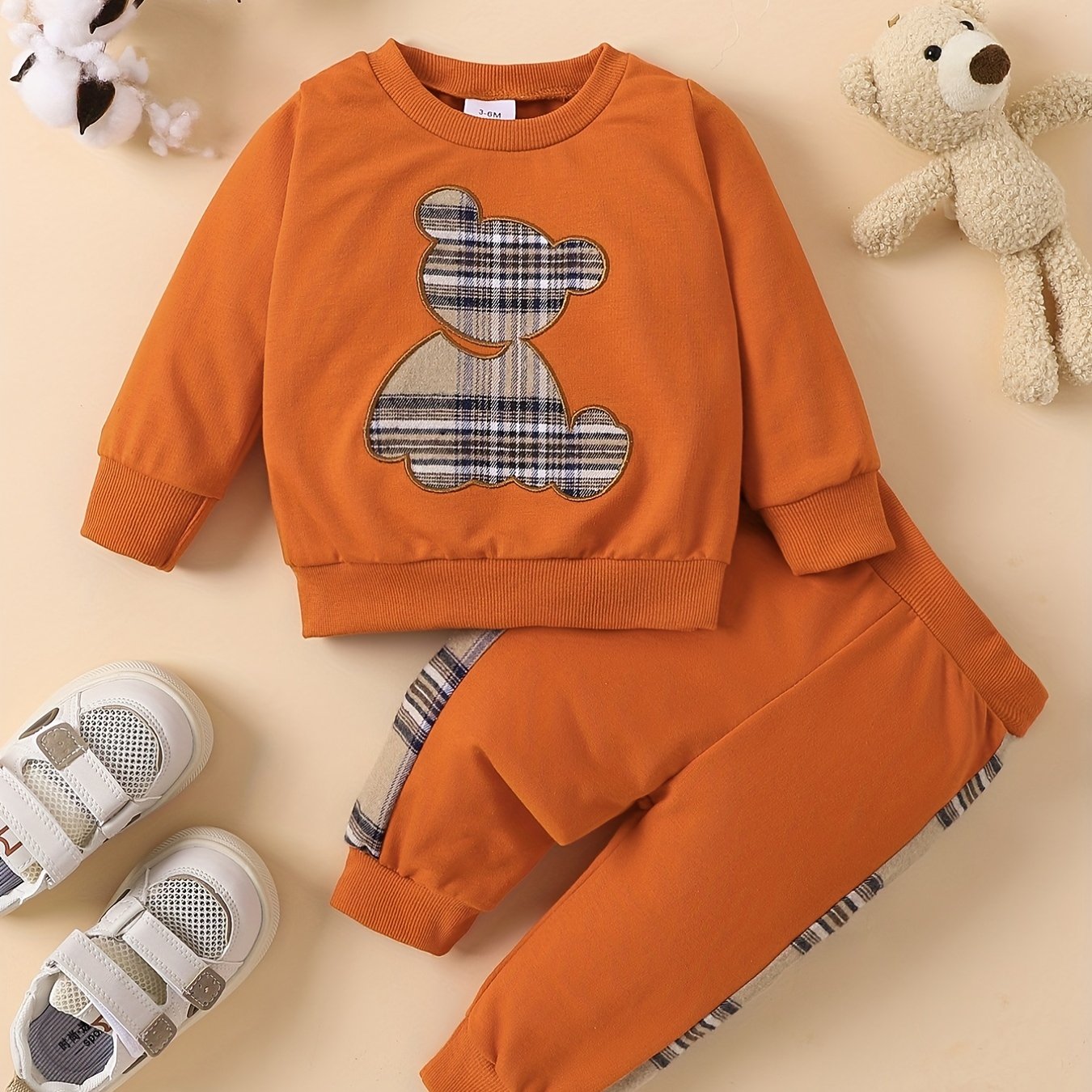 Popular Baby Plaid Bear Embroidery Set - Sweatshirt Tops Pants